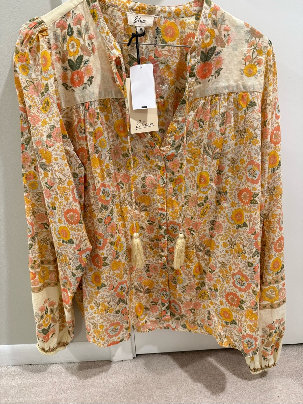 NWT Elan Floral Voile Button-Front Peasant Blouse in Cream & Yellow